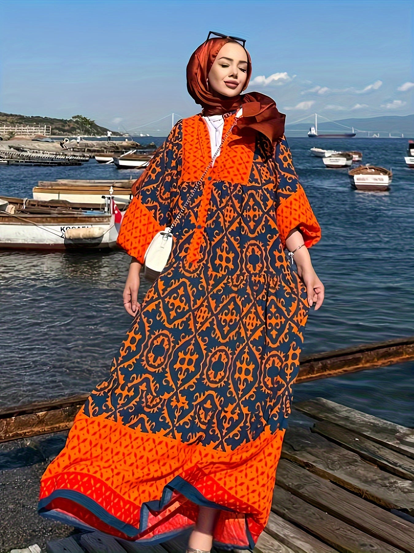  Colorblock Damask Print Kaftan Dress with Lantern Sleeves