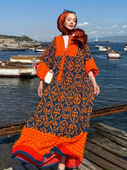  Colorblock Damask Print Kaftan Dress with Lantern Sleeves