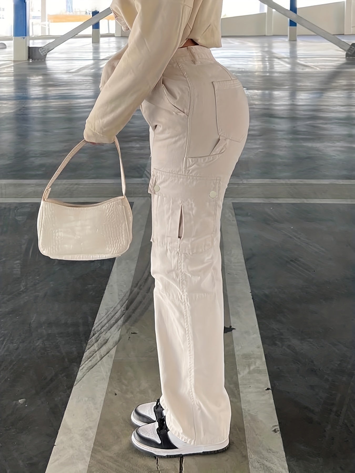 Flap Pockets High Waist Cargo Pants High Rise Straight Legs Denim Pants