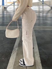Flap Pockets High Waist Cargo Pants High Rise Straight Legs Denim Pants