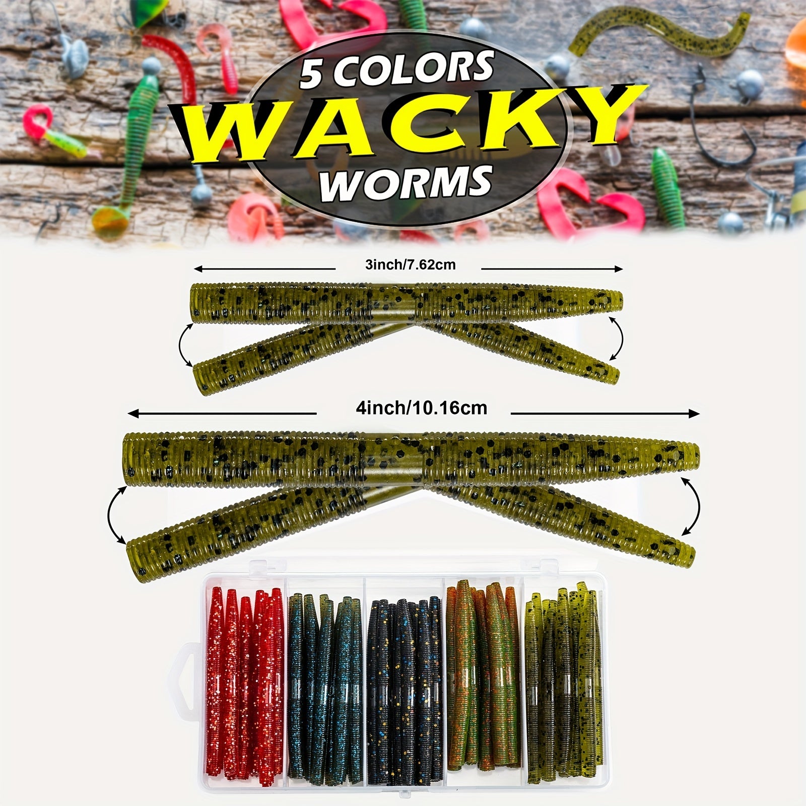 50pcs Senko Worms Fishing Lures Kit, Soft Plastic Bait for Bass Trout