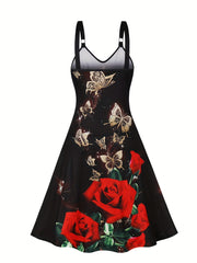  Floral & Butterfly Print V Neck Cami Dress