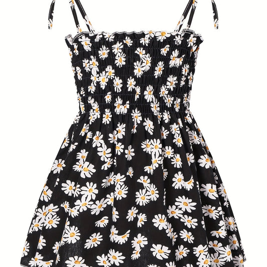 Toddler Girls Daisy Graphic Frill Trim Shirred Bow Shoulder Princess Cami Dress