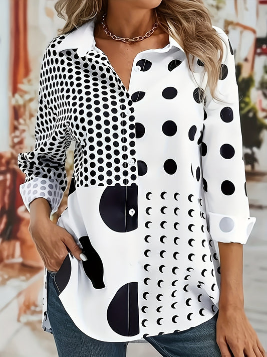  Dot Print Button Up Collar Blouse