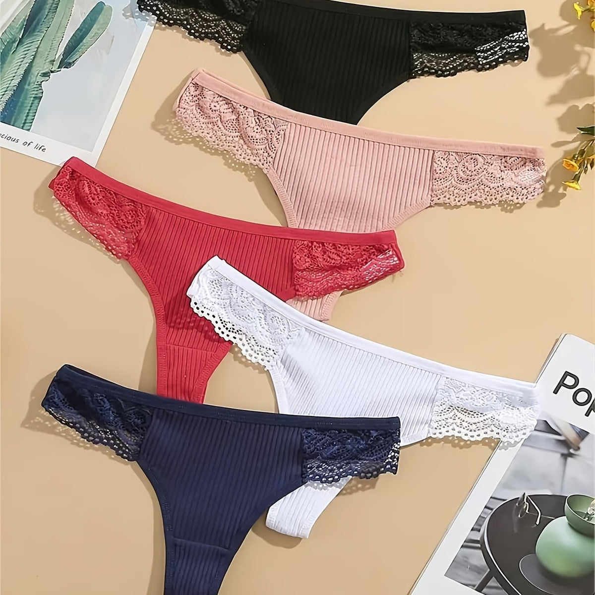 5pcs Lace Thongs Sexy Low Waist Panties Women's Lingerie
