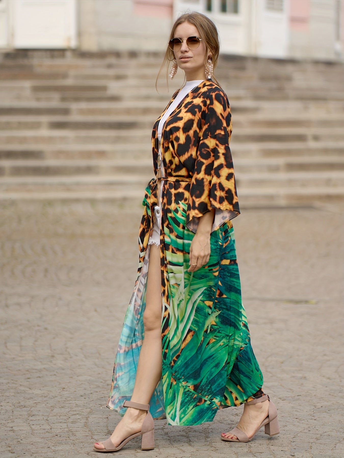  Boho Cover Up Women's Plus Leopard & Floral Print Belted Wrap
