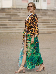 Boho Cover Up Women's Plus Leopard & Floral Print Belted Wrap