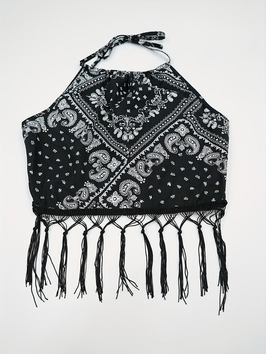 Paisley Print Tassel Halter Crop Top for Women