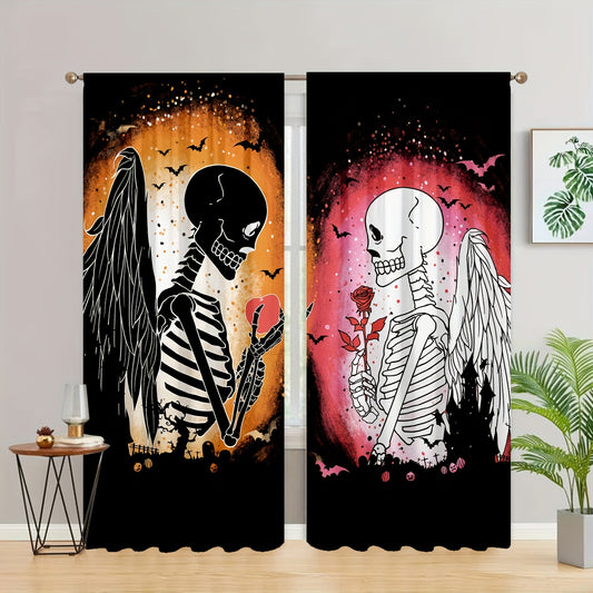 2 Panel Skull Printed Curtains Rod Pocket Top Window Drapes