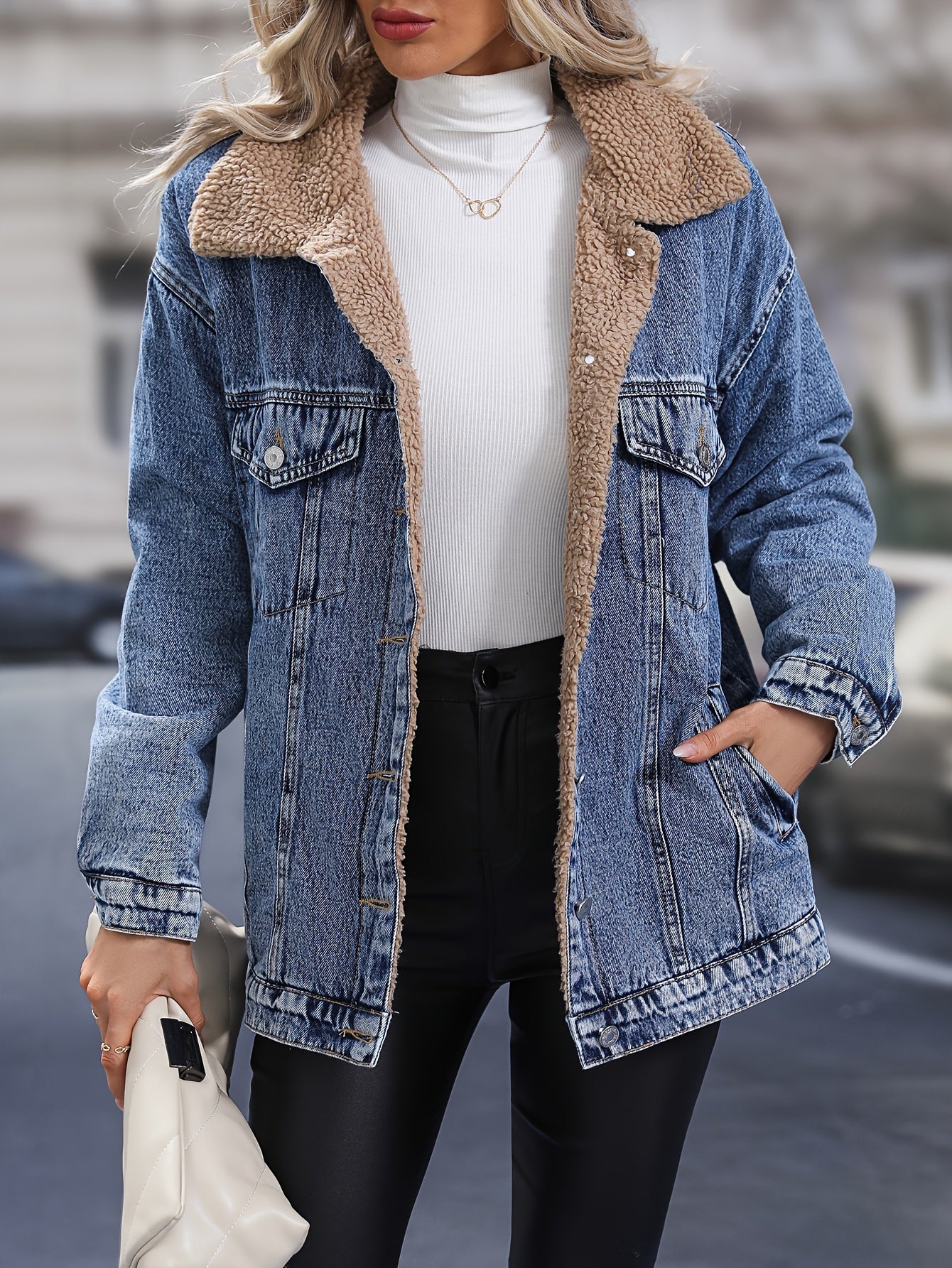 Women's Plus Size Casual Denim Jacket with Fleece Liner