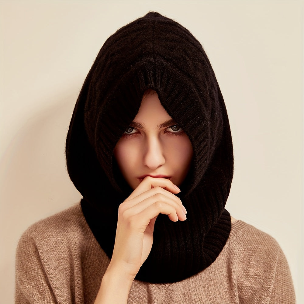 Cashmere Ribbed Knit Hat Warm Soft Balaclava Winter Hoodie Hats
