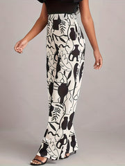 Print Elastic High Rise Wide Leg Trousers Plus Size Pants