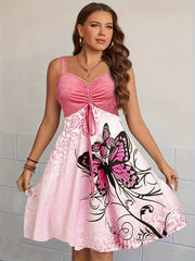  Butterfly & Floral Print Tie Front V Neck A Line Cami Dress