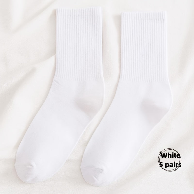 5 Pairs Warm Mid Tube Women's Solid Socks Comfy Stockings