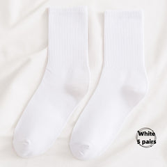 5 Pairs Warm Mid Tube Women's Solid Socks Comfy Stockings