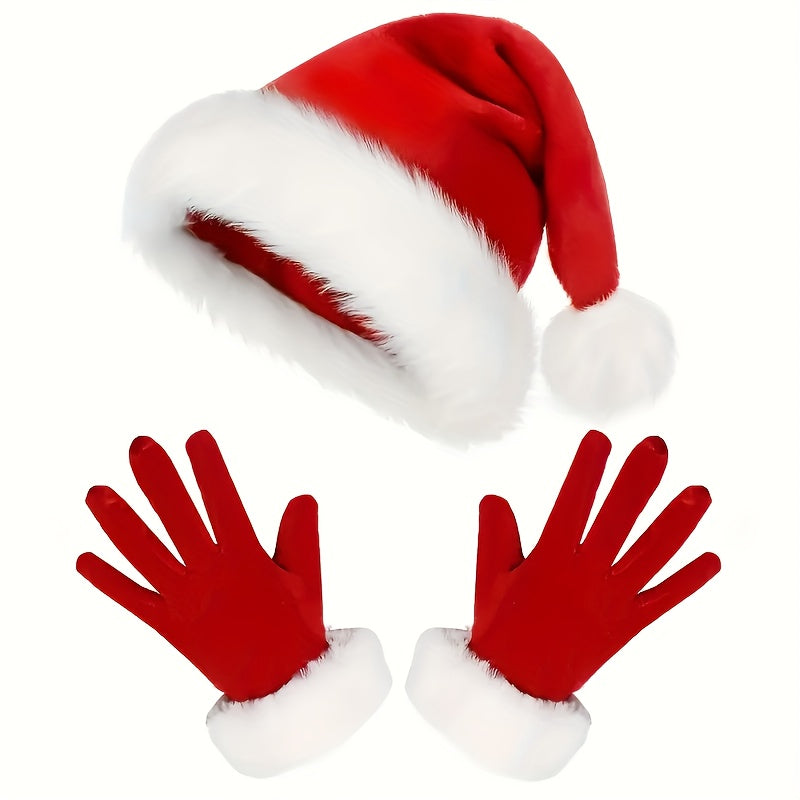 Red Velvet Santa Hat & Gloves Set Festive Christmas Accessories