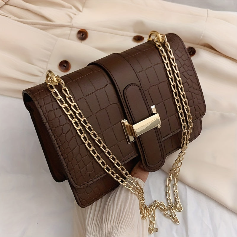 Crocodile Pattern Metal Chain Crossbody Bag PU Leather Underarm Bag Purse