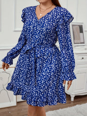  Ditsy Floral Print Long Sleeve V Neck Ruffle T
