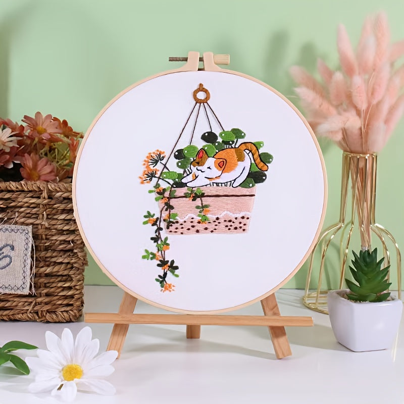 Naughty Kitten Embroidery Kit for Beginners - Cat Pattern Cross Stitch Set