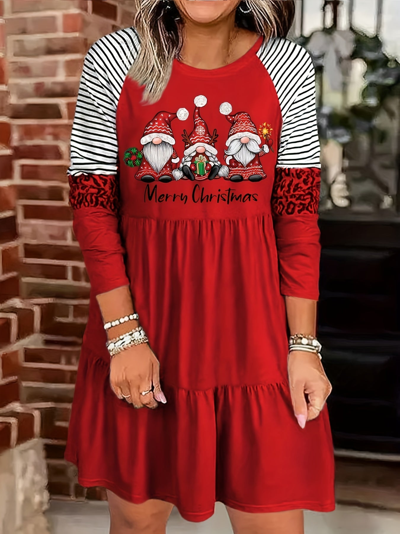  Christmas Dwarf Print Raglan Sleeve Smock Dress