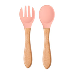 Silicone Spoon & Fork Set Mini Wooden Handle Utensils