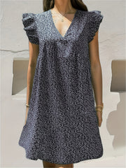  Ditsy Print Ruffle Sleeve V Neck Dress