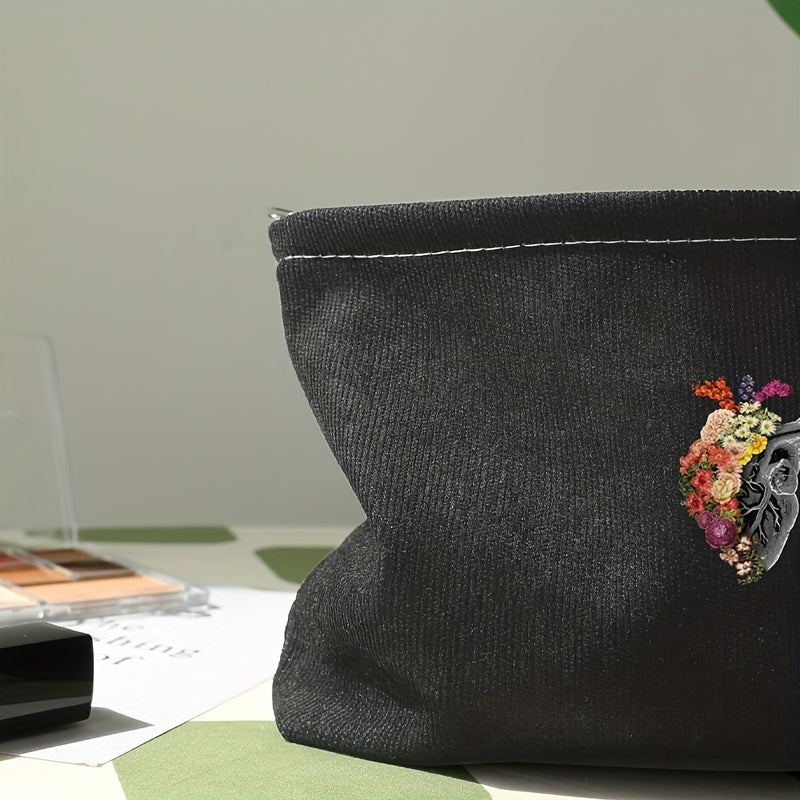 Halloween Flower Heart Print Cosmetic Bag Gothic Zipper Travel Storage Bag