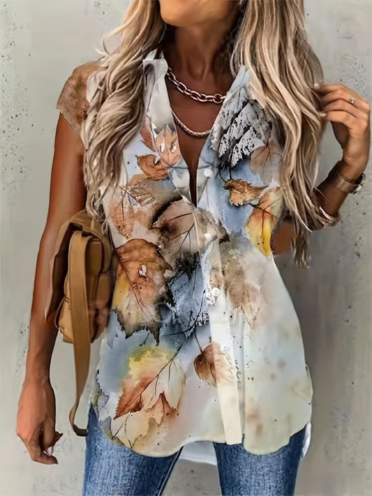  Leaf Print Cap Sleeve Blouse