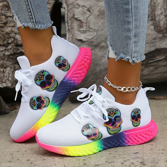 Colorful Skull Pattern Sneakers Lace Up Knit Mesh Shoes Lightweight Breathable
