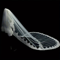 Royal Court Style Lace Bridal Tiara with Floral Pattern Train