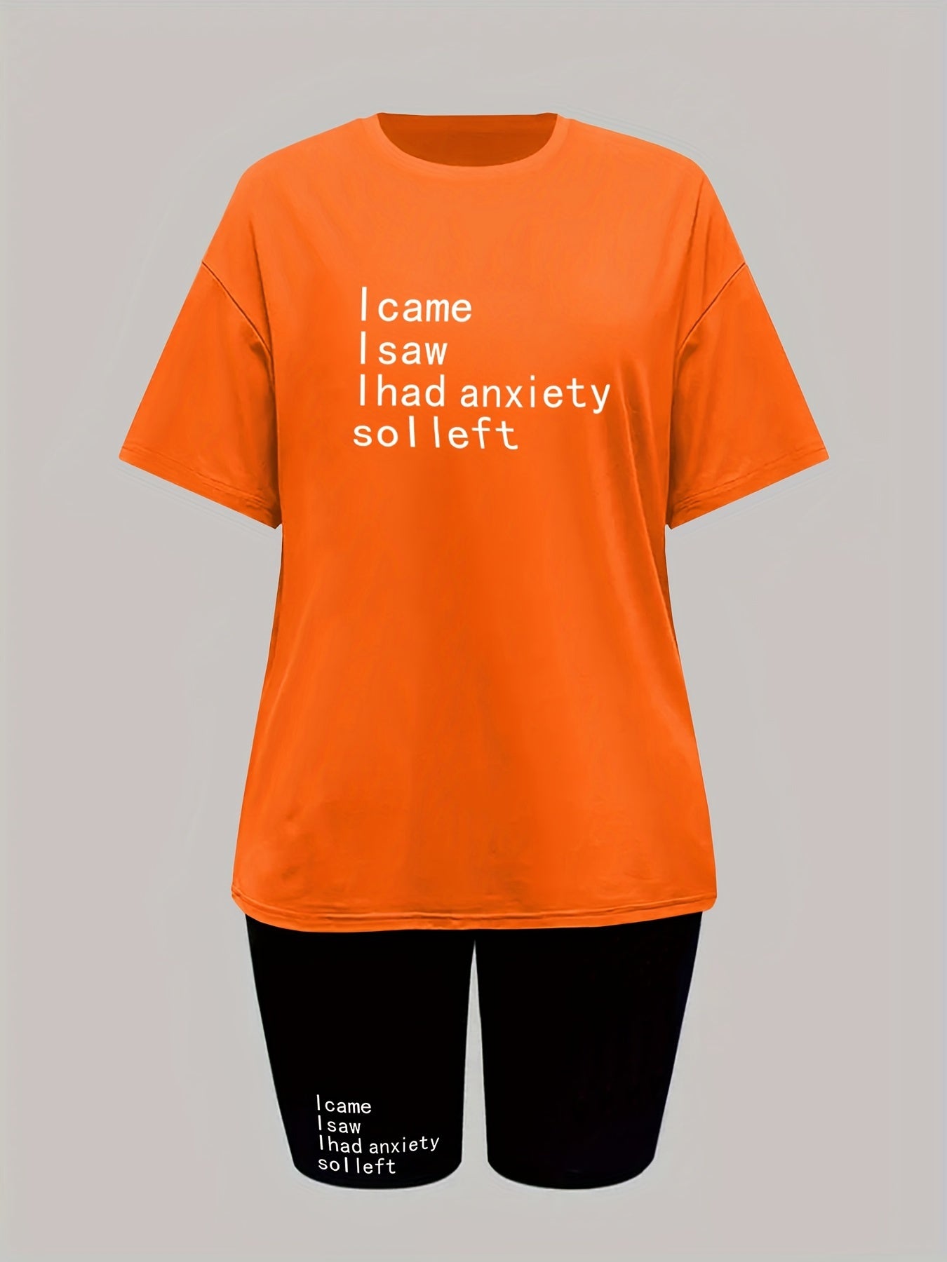 Letter Print Casual Two-piece Set Crew Neck Tee & Slim Shorts