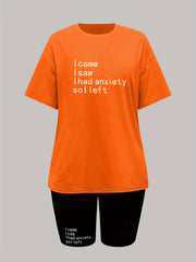 Letter Print Casual Two-piece Set Crew Neck Tee & Slim Shorts