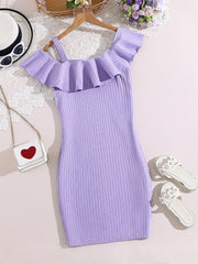 Girls One Shoulder Ruffle Collar Sleeveless Dress