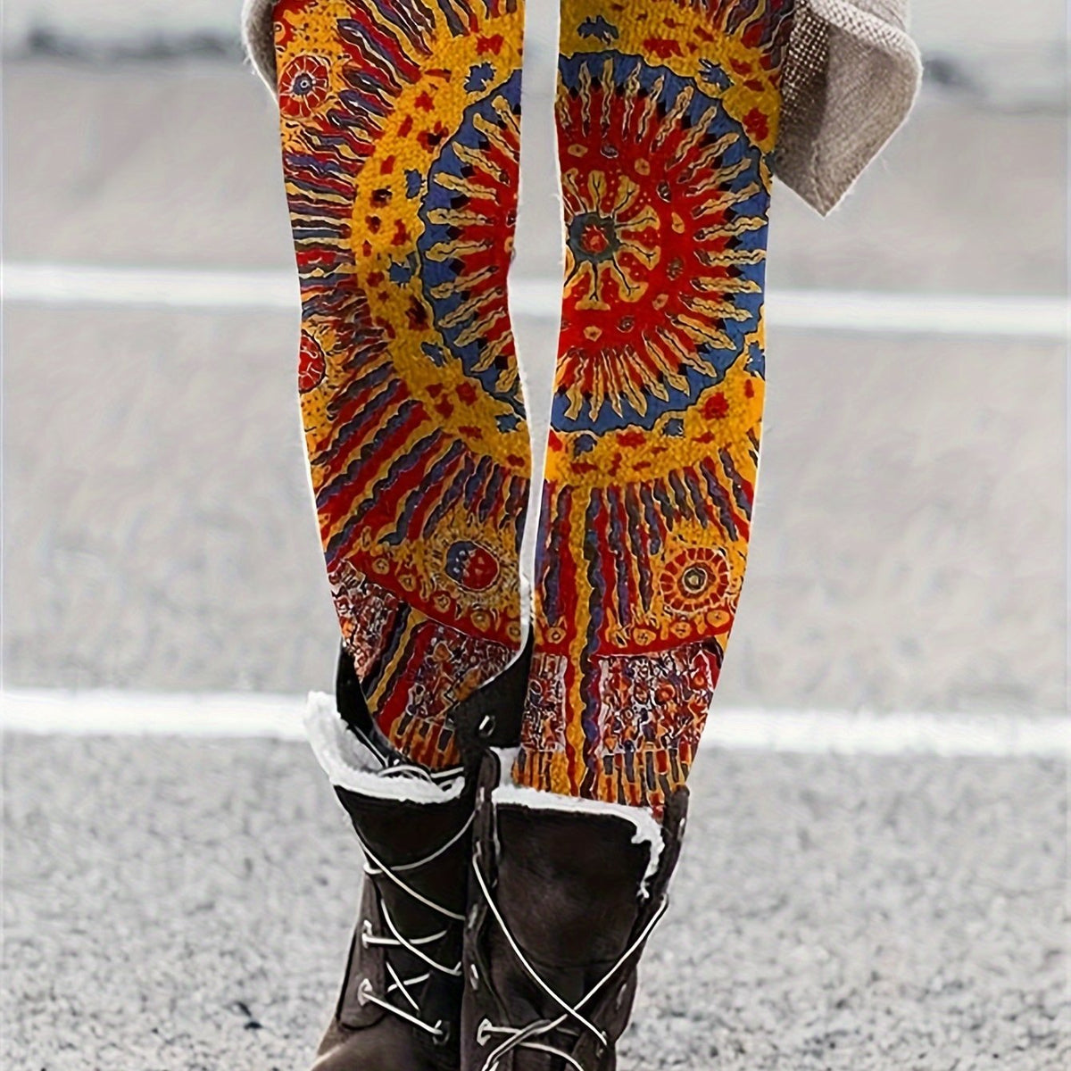 Plus Size Boho Leggings Women's Plus Tribal Print High Rise Leggings