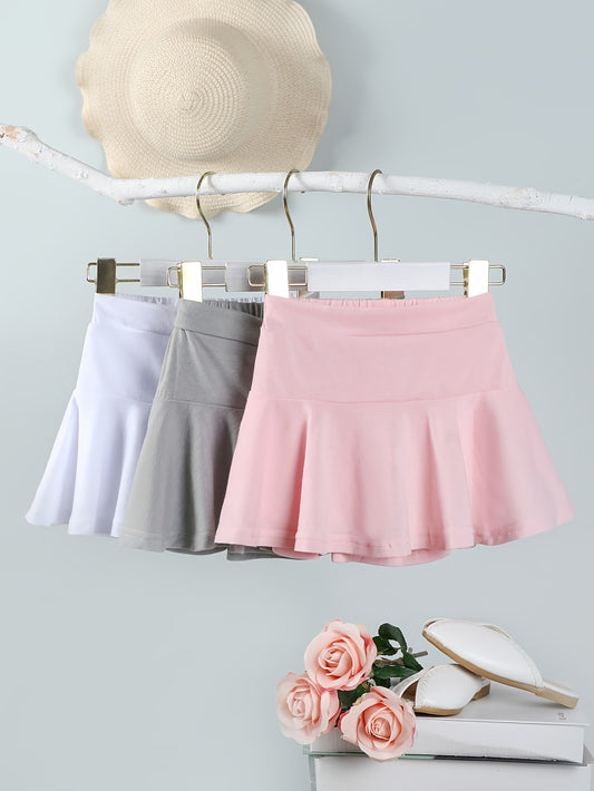 3pcs Girls Solid Skort, Ideal for Sports & Beach Tennis