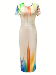Colorful Pleated 2pc Set Crew Neck Short Sleeve Tops & Maxi Skirts Outfit