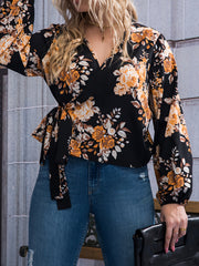  Floral Lantern Sleeve Top with Belt