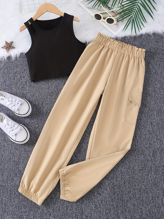 Girls Sleeveless Tank Top & Cargo Pants Set Kids Summer Clothes
