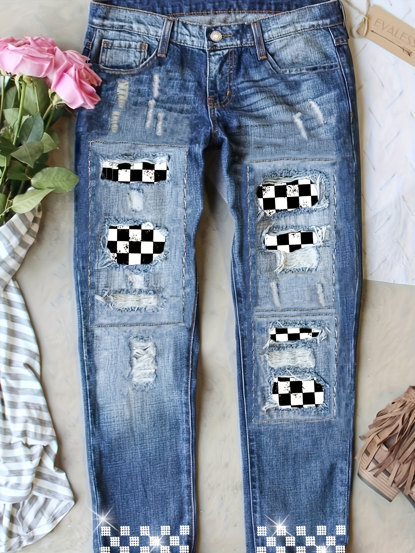  Checkered Patch Button Fly Ripped Stretch Denim Pants