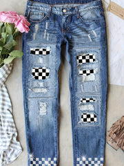  Checkered Patch Button Fly Ripped Stretch Denim Pants