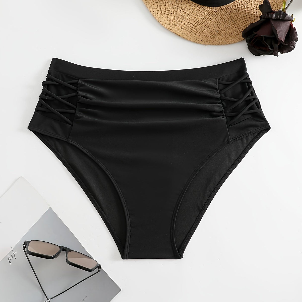  Solid Lace Up Ruched High Rise Swimwear Panty