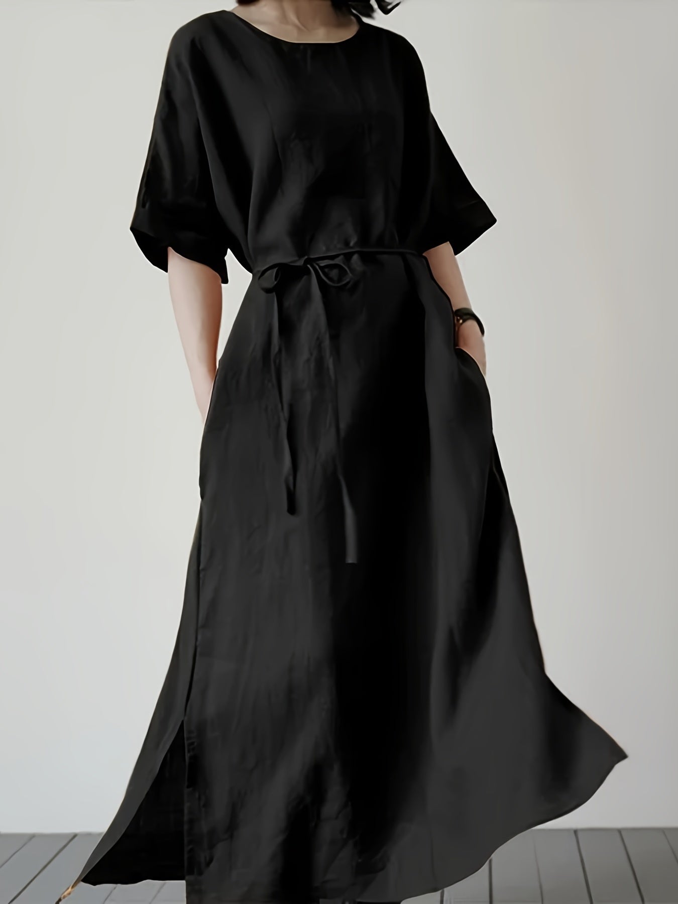 Women's Plus Solid Batwing Sleeve Round Neck Side Split Maxi Dress