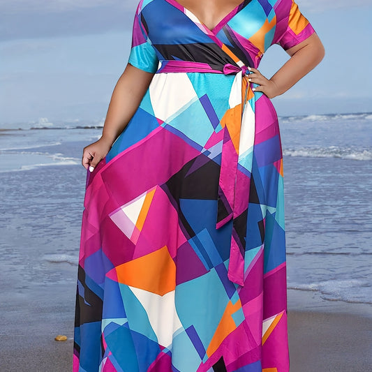  Colorblock Geo Print Maxi Dress With Belt