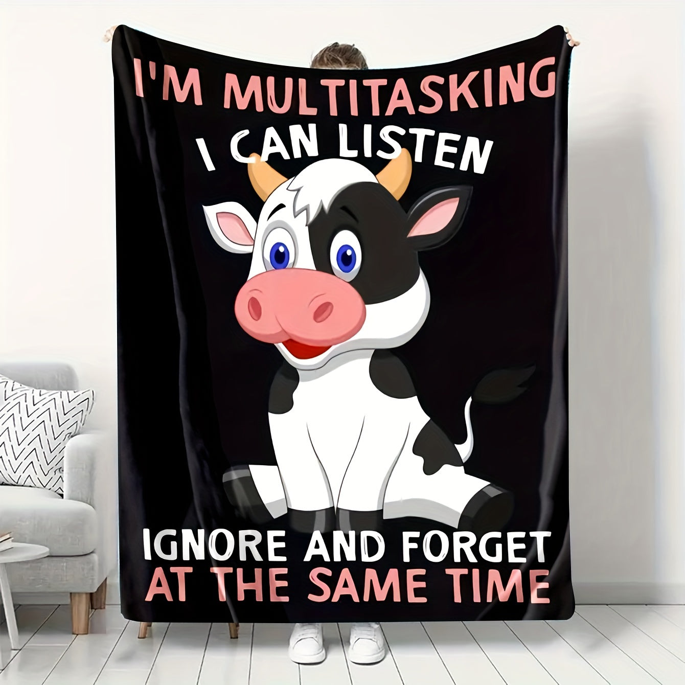 Winter Warm Flannel Cow Pattern Blanket for Home & Travel