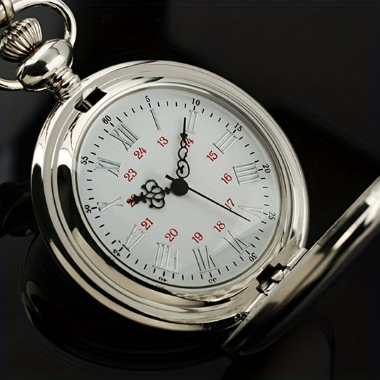 Smooth Case Roman Numerals Dial Quartz Pocket Watch Fob Pendant Chain