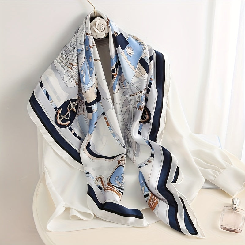 Sailboat Print Silk Square Scarf Windproof Head Wrap Sunscreen Travel Towel