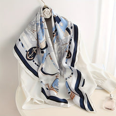 Sailboat Print Silk Square Scarf Windproof Head Wrap Sunscreen Travel Towel