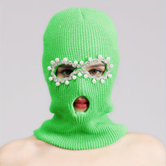 Green Y2K Balaclava Faux Pearl Decor Ski Mask