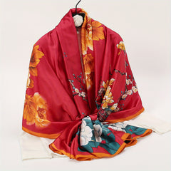 Vintage Peony Print Satin Silk Scarf Shawl Large Sunscreen Head Wrap