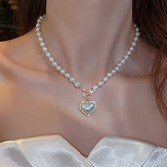 Faux Pearls Beads Necklace Heart Shape Pendant Lovely Neck Jewelry